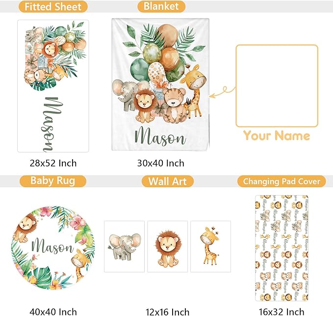 Personalized Baby Bedding Set, 5 Pcs Custom Name Baby Crib Sets, Safari Animal Crib Bedding Set for Baby Boys Girls, Double Layer Flannel Nursery Bedding Set, Toddlers Infants Customized Gifts