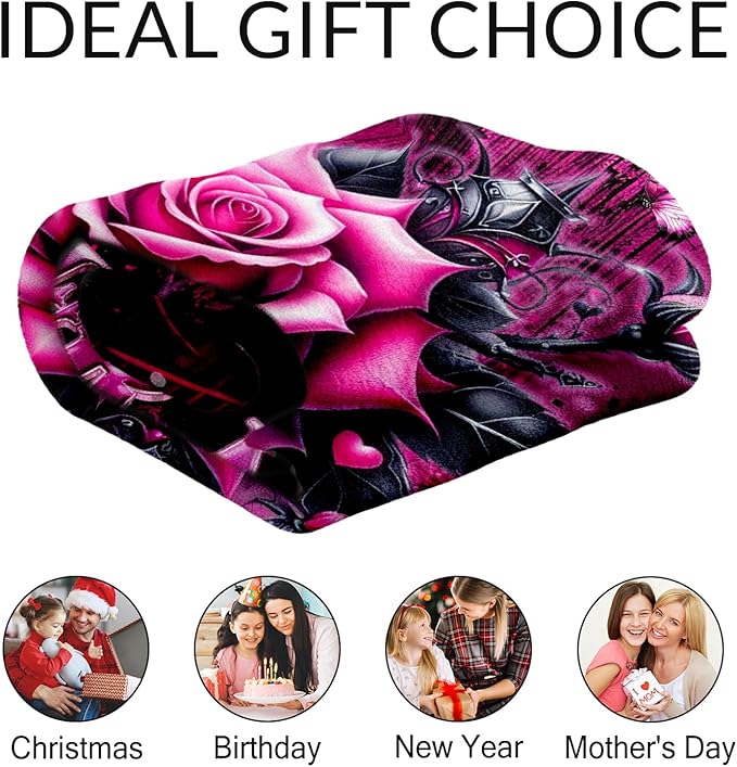 Personalized Rose Blanket - 30" x 40" Flower Gifts for Girls, Kids - Black Flannel Throw Stuff for Sofa, Travel
