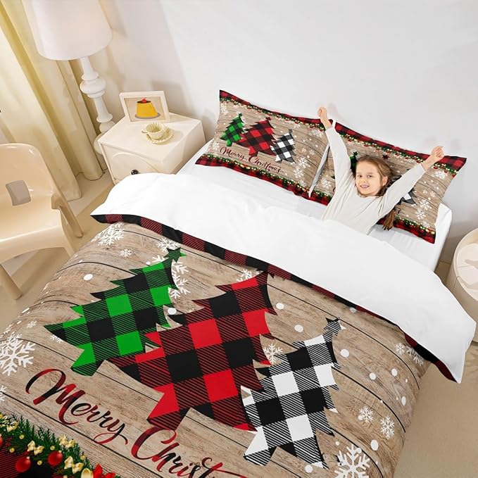 Manfei Plaid Tree Duvet Cover Set King Size, Wooden Stripe Print Bedding Set 3pcs for Kids Boys Girls Bedroom Decor, Christmas Theme New Year Comforter Cover with 2 Pillowcases,No Comforter