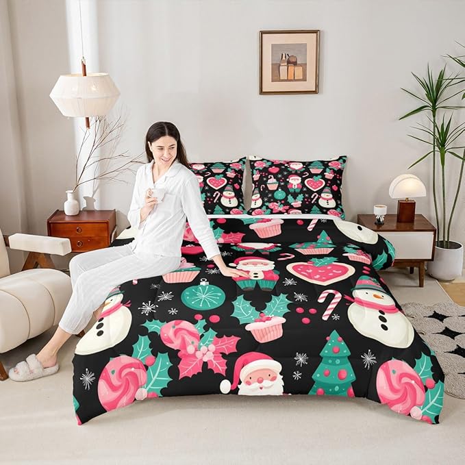 Feelyou Christmas Decor Comforter Set Twin Size Pink Santa Claus Bedding Set for Kids Boys Girls New Year Gift Duvet Quilt Snowman Bedroom Decor Microfiber 2 Pcs with 1 Pillow Cases
