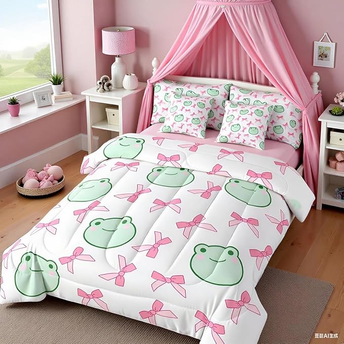7 Pieces Pink Bowknot Comforter Set Queen,Cartoon Frog Bow Tie Butterfly Knot Princess Bedding Set,Geometric Patchwork Cute Sweet（Comforter+Fitted+Flat Sheet+2 Pillowcases+2 Throw Pillow Covers）