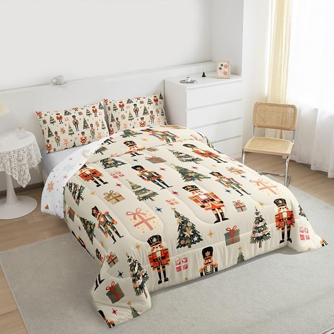 jejeloiu Xmas Nutcracker Comforter Set Full Size Christmas Beige Bedding Set for Kids Boys Girls Cute Snowflakes Duvet Quilt Bedroom Decor
