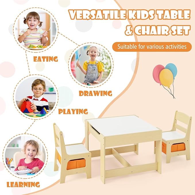 HONEY JOY Kids Table and Chairs, 3-in-1 Children Wooden Activity Set with Storage, Detachable Tabletop, for Art, Craft, Drawing, Reading, Gift for Toddlers Boys Girls 3-7 Years Old (Natural)