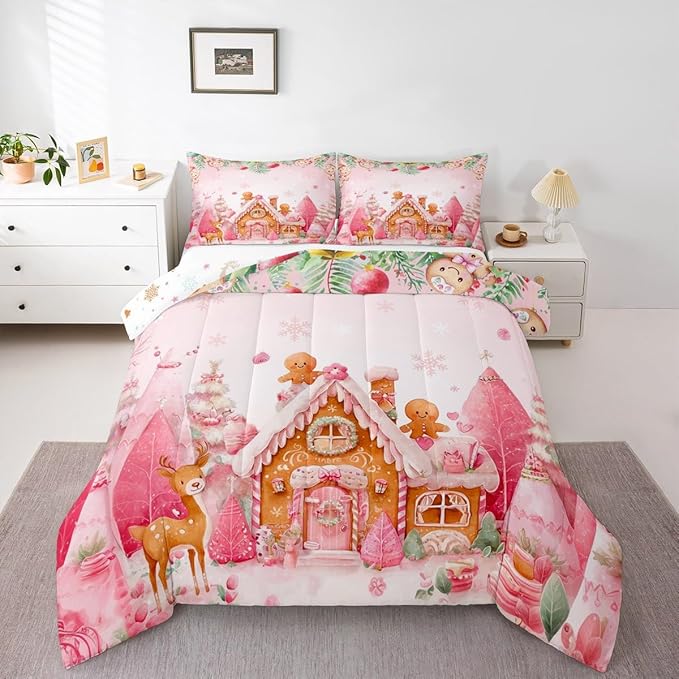 jejeloiu Kids Christmas Theme Comforter Set Toddler Cute Deer Gingerbread Man Bedding Set for Boys Girls Teens Pink Xmas Tree Candy House Winter Snowflake Duvet Quilt Room Decor