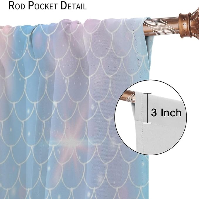 Mermaid Curtains, Kids Cartoon Watercolor Sea Animals Mermaid Princess Scales Pattern Print Living Room Decoration for Kids Girls Bedroom Nursery 55x63 Inch
