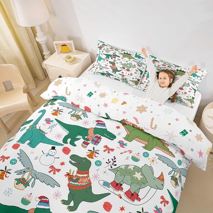 Feelyou Christmas Dinosaur Decorative Comforter Cover Queen Size Cartoon Snowman Duvet Cover Xmas Bow Snowflake Bedding Set Gifts for Kids Boys Girls 2 Pillow Cases