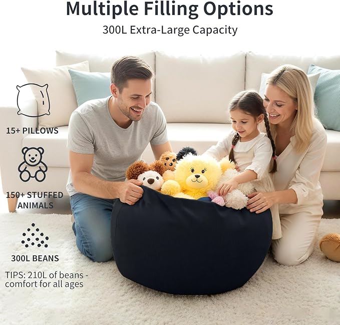Nobildonna 3 ft Bean Bag Chair Cover (No Filler) 35"×43" Large Stuffed Animal Storage Bean Bag Washable Big Beanbag Chair Cover Premium Corduroy Stuffable Bean Bag Cover for Adults,Kids,Black 300L
