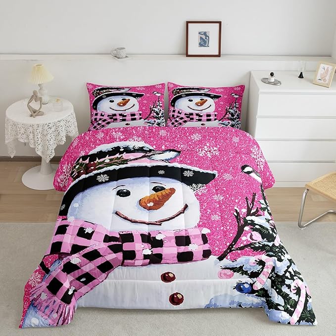 Feelyou Kids Christmas Theme Decorations Bedding Set Xmas Snowman Comforter Set for Boys Girls Snowflake Kawaii Cute Comforter Rose Red Quilt Set Bedroom Collection Toddler Size