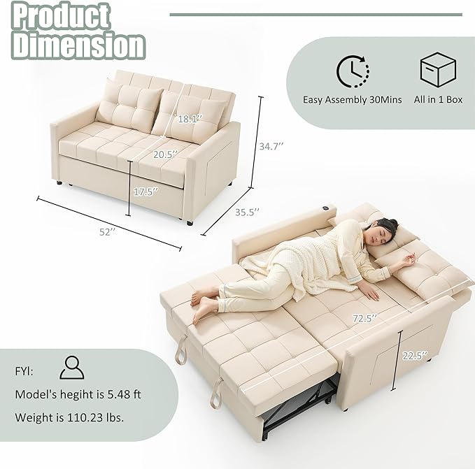52" Sleeper Sofa with Pull-Out Bed, 3-in-1 Convertible Sofa Bed, Loveseat with Stepless Adjustable Backrest and Side Pocket, for Living Room Dorm Apartment, Linen, Beige