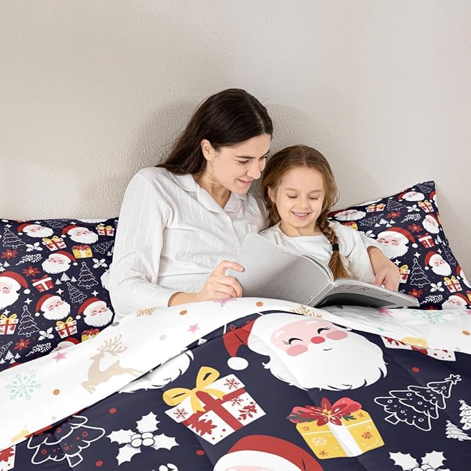 jejeloiu Santa Claus Comforter Set Full Size Merry Christmas Bedding Set for Kids Boys Girls Xmas Themed Duvet Quilt Dark Blue Bedroom Decor