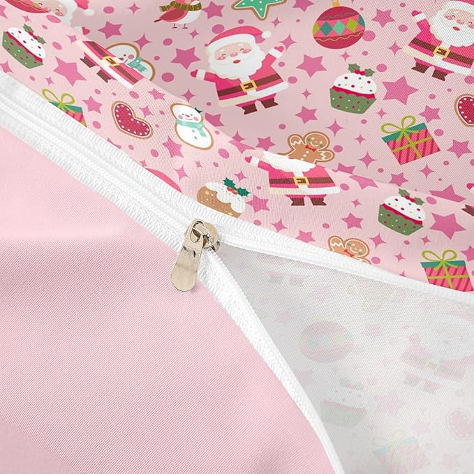 Feelyou Pink Christmas Duvet Cover Queen Size Cartoon Santa Claus Gingerbread Man Bedding Set for Boys Girls Snowman Xmas Decor Comforter Cover Reversible Pink Bedroom Decor 3Pcs