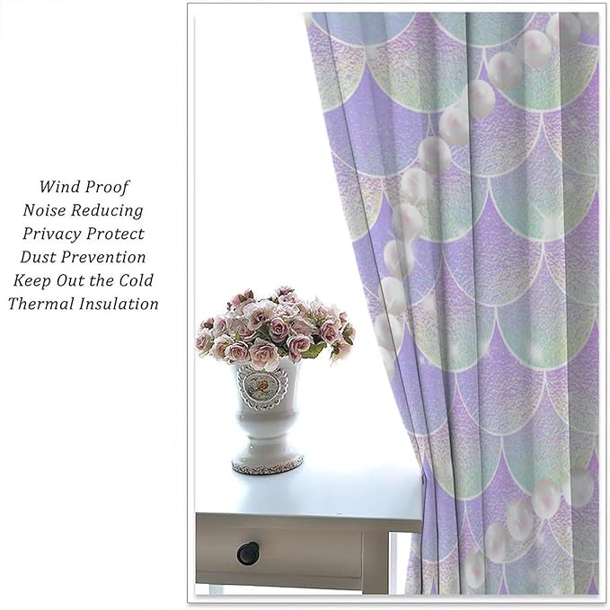 Mermaid Curtains, Gradient Color Pink Purple Pearl Ocean Theme Mermaid Fish Scale Print Decoration Suitable for Children Girls Bedroom Nursery Curtains 84x84 Inch