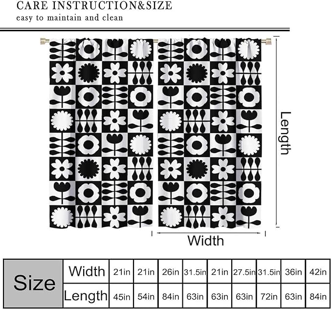 Mid Century Geometric Floral Curtains, Vintage 70s Window Treatments, Black and White, 42" W x 54" L, 2 Panels, Indoor, Boho Style
