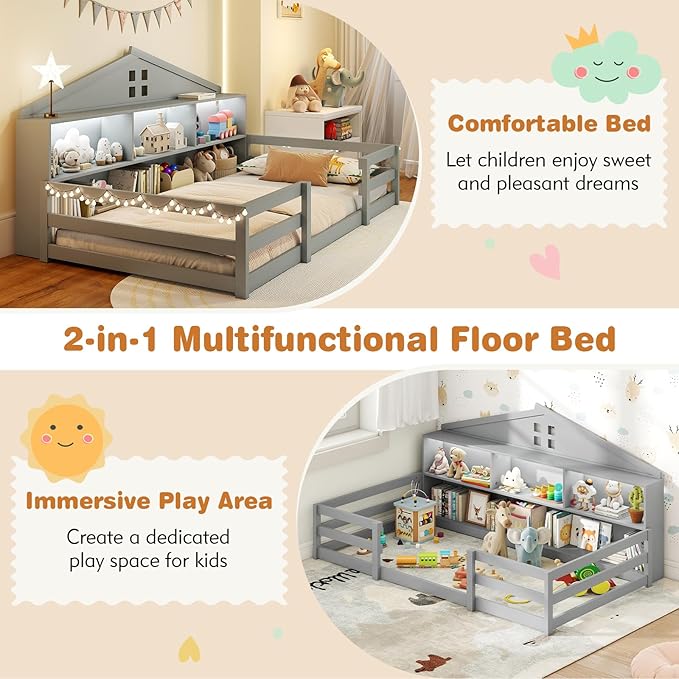 KOMFOTT Twin Floor Bed with Bookcase & LED Light, Wood Bed Frame with Bedside Bookshelves & Guardrails, Versatile 2-in-1 Montessori Floor Bed for Kids (Twin with Led Light,Grey)