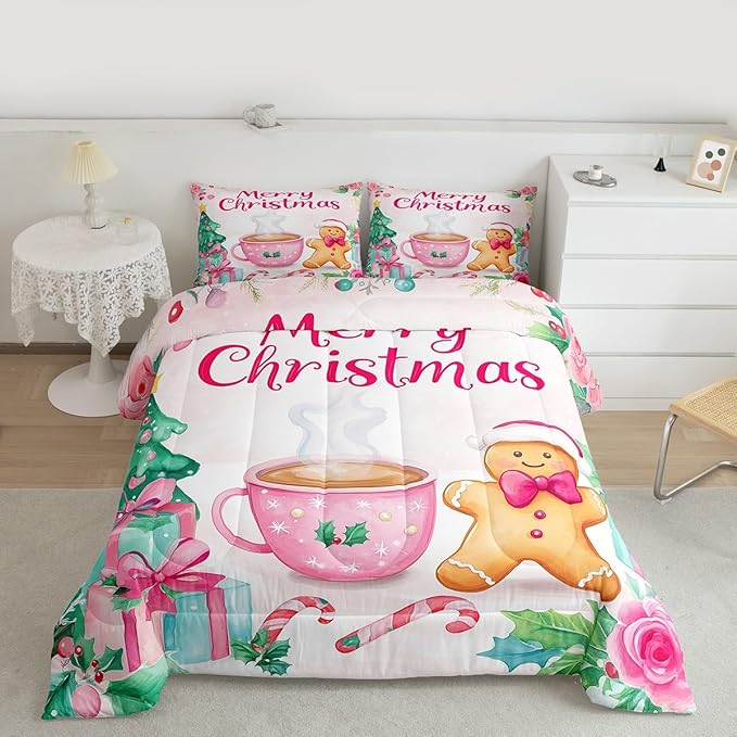 Feelyou Merry Christmas Bedding Set Soft for Boys Girls, Christmas Decor Comforter Set Toddler Size Gingerbread Man Duvet Quilt Microfiber Xmas Bedroom Decor 2 Pcs with 1 Pillow Cases