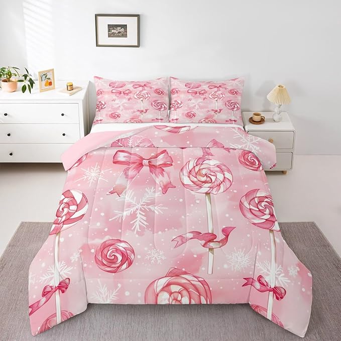 Feelyou Pink Bow Comforter Set Toddler Size Pink Lollipops Bedding Set for Kids Boys Girls Watercolor-Style Duvet Quilt Xmas Snowflake Bedroom Decor Christmas Microfiber 2 Pcs with 1 Pillow Cases