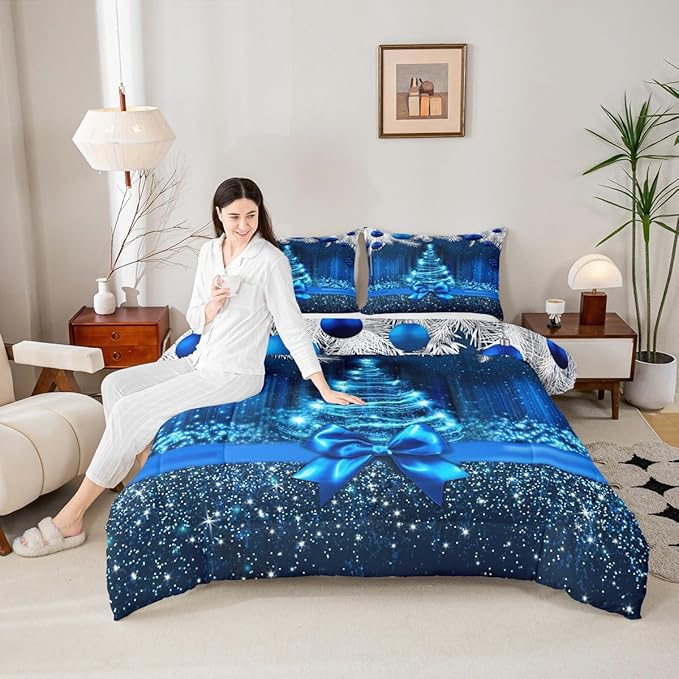 Merry Christmas Kids Comforter Set Twin Size,Snowflake Christmas Tree Bowknot Bedding Set,Girls Boys Adults Xmas Decor,Blue Gradient Line Glitter Down Comforter,Romantic Duvet Insert,1 Pillowcase