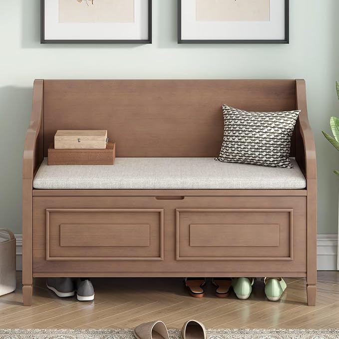 Merax Storage Bench, 41.9” Solid Wood Storage Chest with Backrest and Safety Hinge, Large Storage Space Bench with Upholstered Cushions,Supports 250 lb and Easy Assembly for Small Space, Brown