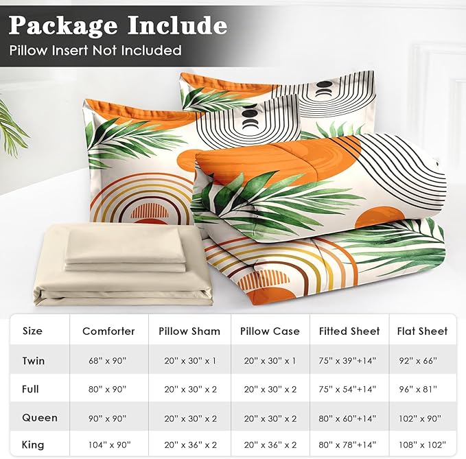 7 Pcs Full Size Comforter Set with 2 Pillowcases & 2 Shams, Contemporary Mid Century Bedding for Kids and Adults, Rainbow Sun Boho Geometric Bed in a Bag with Flat Fitted Sheet