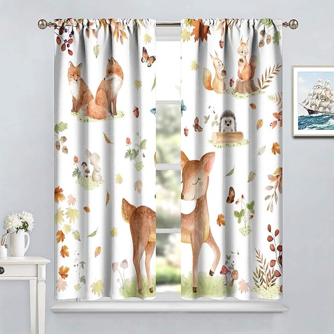 Fall Animails Curtains for Kids, Rustic Cute Woodland Wild Animal Window Treatments Watercolor Autumn Leaves Cartoon Fox Deer Window Drapes for Nursery Toddler Bedroom 63x63in