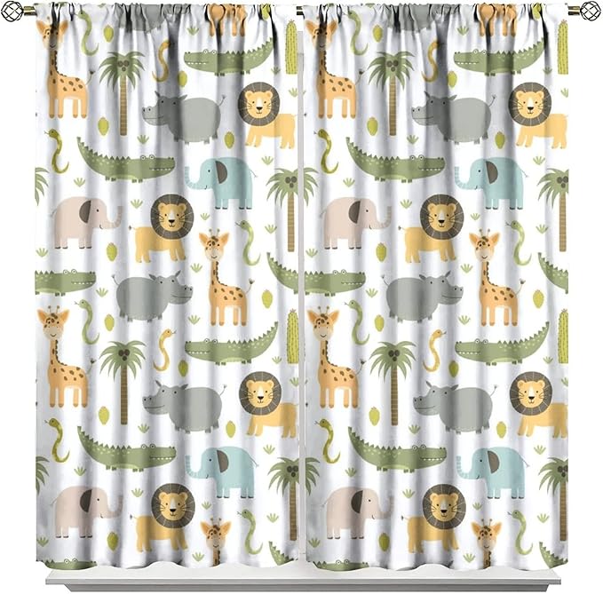 Nursery Safari Animals Window Curtains,Cartoon Woodland Jungle Forest Lion Elephant Giraffe Printed Pattern Blackout Drapes for Living Room Baby Boy Kids Bedroom 42x45 Inch