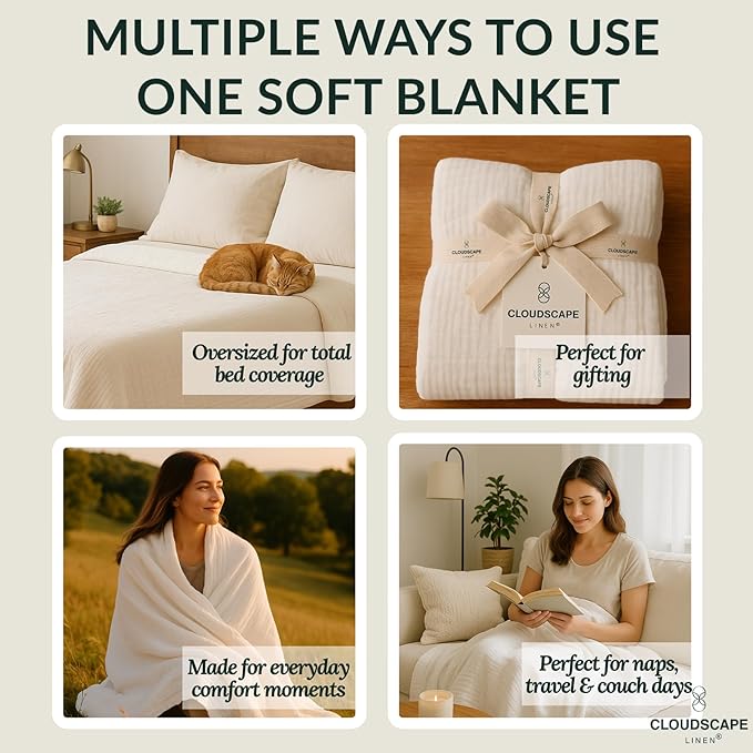 Cloud Scape Linen Oversized 4 Layer Muslin Blanket Twin Size - 100% Cotton, Lightweight & Breathable All Season Gauze, Pre-Washed, for Bed, Couch, fits Twin XL Bed,68x92, White