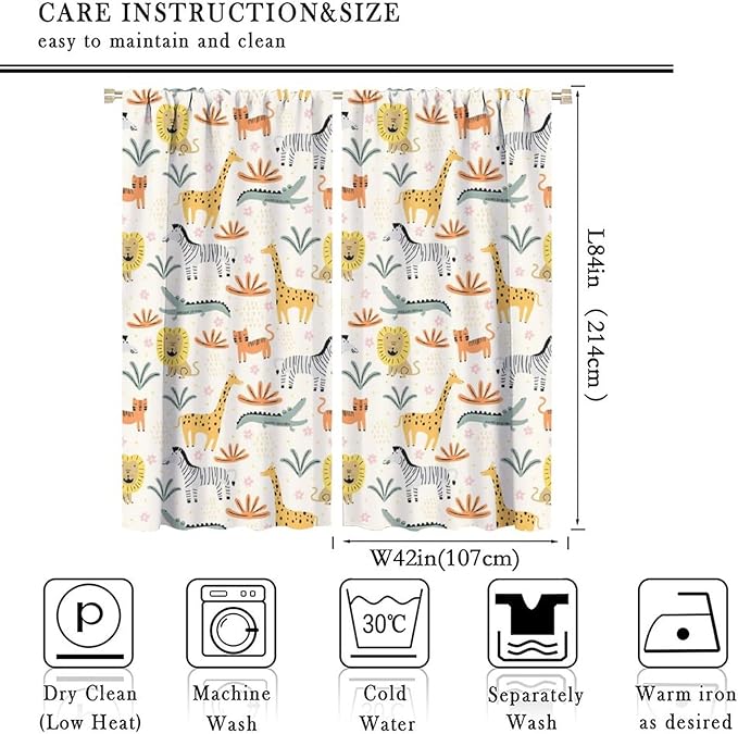 Wild Animals Curtains, Cute Cartoon Animals Zoo with Lion Zebra Crocodile Cat and Giraffe Tropical Jungle Plant Print Window Treatments for Kids Boys Girls Bedroom Living Room 84x84in