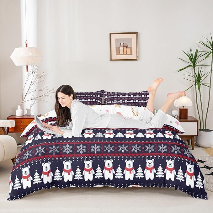 Christmas Bedding Set for Kids Boys Girls Polar Bear Christmas Tree Comforter Cover Set Exotic Ethnic Xmas Theme Duvet Cover Bedroom Decor Snowflake Bedspread Cover King Size Bedding Collection 3Pcs