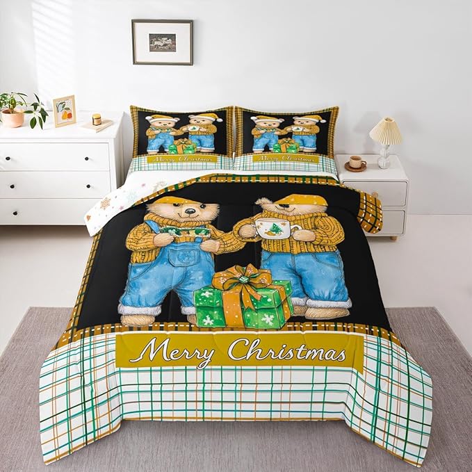 Feelyou Merry Christmas Comforter Set All Season Cute Bear Bedding Set with 1 Pillow Cases Microfiber Kids Twin Bedclothes Winter Bedroom Decor Duvet Quilt Breathable Soft