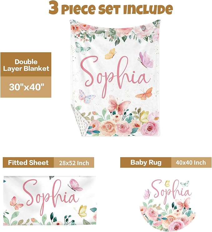 Custom Baby Crib Bedding Set, 3 Pcs Personalized Nursery Bedding Set with Name, Soft Baby Bedding Crib Sets with Blanket - Toddler Crib Sets for Girls Boys, Infant Newborn Gifts, Pink Animals