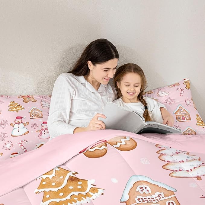 Feelyou Pink Christmas Kids Comforter Set Twin Size Snowman Bedding Set Gingerbread Man Duvet Quilt for Kids Boys Girls Bedroom Snowflake Candy Cane Decor Microfiber Ultra Soft Breathable