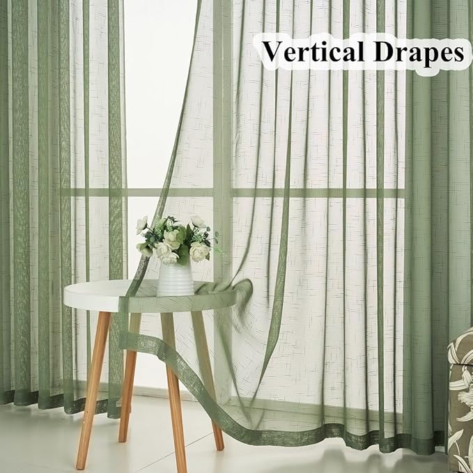 Sage Green Pinch Pleated Sheer Curtains 102 Inch Long, 50 Inches Width, Rustic Linen Look Light Filtering Drapes Decor, Thin Textured Transparent Window Curtain Panels Floor to Ceiling