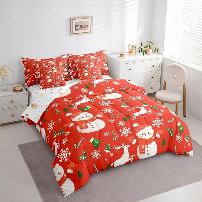 Red Christmas Comforter Set With Sheets 7 Piece Queen Size Cartoon Deer Snowman Bed in a Bag Kids Boys Girls New Year Red Bedding Set Reversible Xmas Decor Bedroom Decor Breathable Soft Lightweight