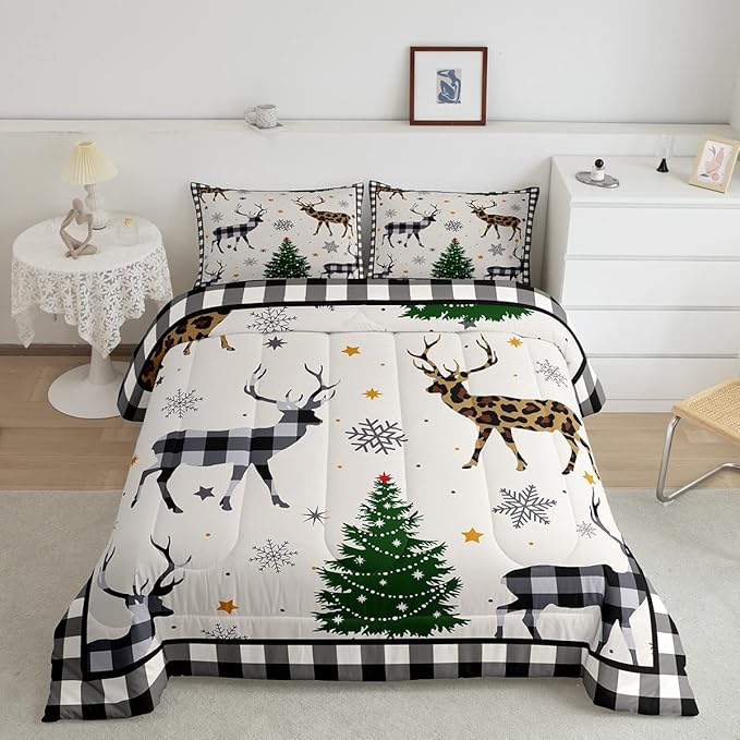 Kids Deer Silhouette Comforter Set King Size,Snowflake Pine Trees Bedding,Girls Boys Adults Bedroom/Xmas Cabin Decor,Geometric Grids Plaid Down Comforter,Rustic Farmhouse Duvet Insert,2 Pillowcases