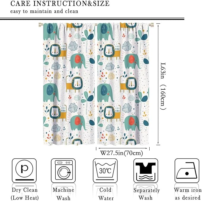 Cute Lions Blackout Curtains for Kids Bedroom,Cartoon Tropical Plants Birds Elephants Print Pattern Window Drapes,Funny Animal Thermal Insulation Curtain for Nursery Baby Room 55x63in
