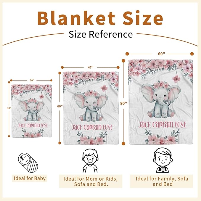 Personalized Baby Blankets for Girls Boys, Custom Elephant Baby Blanket with Name for Kids, Flannel Bed Throw Blanket for Newborn, Customized Baby Gifts for Baby Shower Nursery Blanket(47"x60)