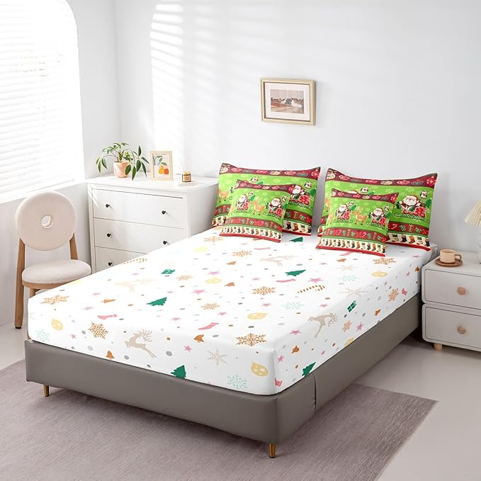 Feelyou Christmas Santa Claus Deer Bedding Set Cartoon Stockings Bedding Set for Kids Boys Girls Teens Decor Christmas Snowflake Bed in a Bag Kawaii Bed Set 7Pcs King Size