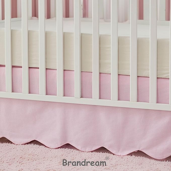 Brandream Scallop Edge Cotton Crib Skirt, Baby Boy Girl Gender Neutral Crib Skirt Toddler Bedskirt Farmhouse Chic Plaid Nursery Crib Bed Skirt, Gingham Check Pink