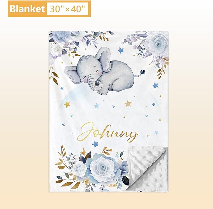 Custom Baby Crib Bedding Set, 5 Pcs Personalized Name Baby Crib Sets for Infant Toddler, Blue Elephant Nursery Bedding Set for Boy Girl, Double Layer Flannel Baby Bedding Sets Customized Gifts