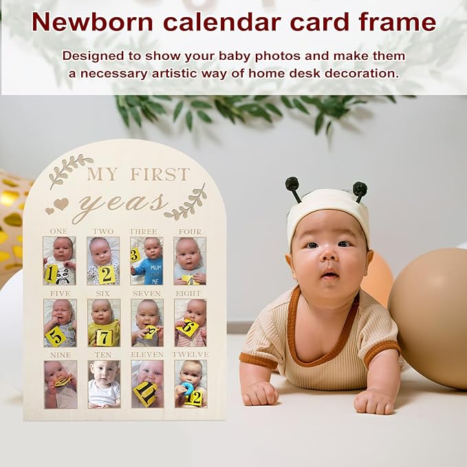 Wooden Milestone Photo Frame First Year Display Board for Newborns Months Keepsake with Sturdy Construction and Simple Design for Nursery Decoration