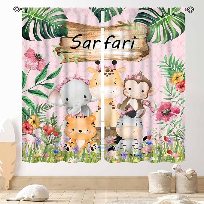 Kids Safari Animals Curtains, Cartoon Giraffe Elephant Monkey Woodland Jungle Tropical Leaf Pink Window Curtains for Boys Girls Baby Living Room Bedroom Nursery Classroom 2 Panels, 63"x72" Inch