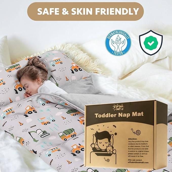 Toddler Nap Mat with Detachable Pillow & Blanket - Soft Plush Minky Fleece Kids Sleeping Bag for Daycare, Preschool & Travel - Portable Roll-Up Design with Carry Handle - Boys Girls Ages 3+