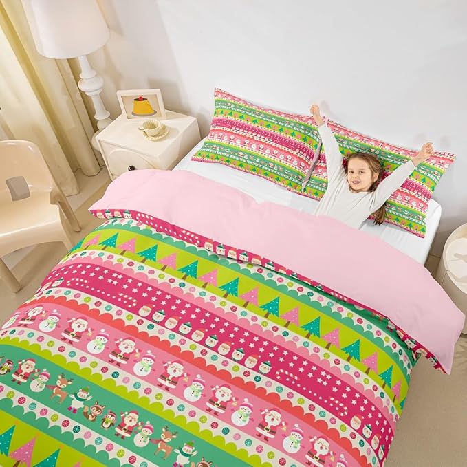 Christmas Bedding Set Cute Fox Santa Claus Polar Bear Comforter Cover for Kids Boys Girls Teens Christmas Tree Duvet Cover Breathable Pink Dots Stripe Bedspread Cover Room Decor Quilt Cover Full Size