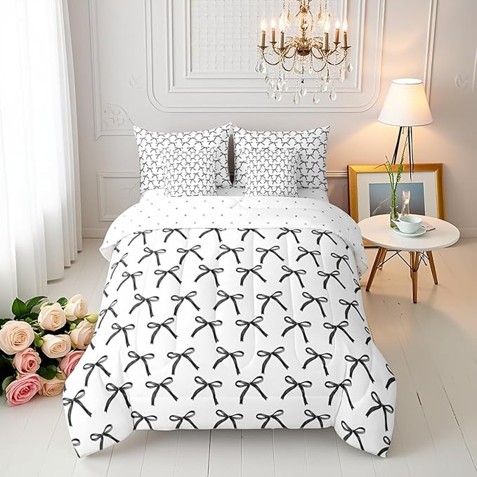 Manfei 7 Pieces Cartoon Bowknot Kids Comforter Full Size,Bow Tie Geometric Patchwork Modern Girls Bedding Set,Bow Butterfly Knot Black White（Comforter+Fitted+Flat+2 Pillowcases+2 Throw Pillow Covers）