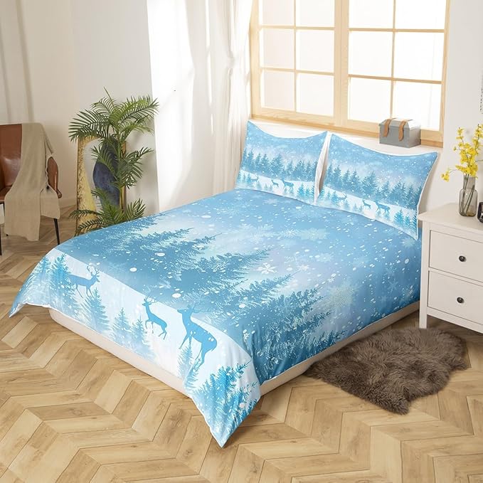 Manfei Blue Glitter Duvet Cover Set Full Size, Xmas Trees Deers Snowflakes Print Comforter Cover with 2 Pillowcases, New Year Theme Bedding Set 3pcs for Kids Girls Teens Bedroom Decor,No Comforter