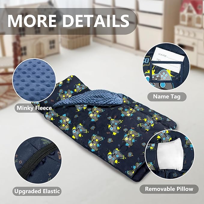 Primlect Thickened Toddler Nap Mat with Removable Pillow and Minky Blanket, Extra Large 55''x35'' Sleeping Bag, Washable, Roll up, Perfect for Daycare, Preschool, Kindergarten, Boys and Girls