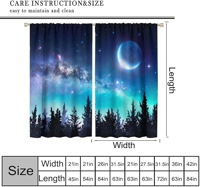 Galaxy Forest Blackout Curtains, Night Starry Sky Stars Moon Aurora Borealis Window Drapes for Bedroom Living Room Home 55" W X 63" L