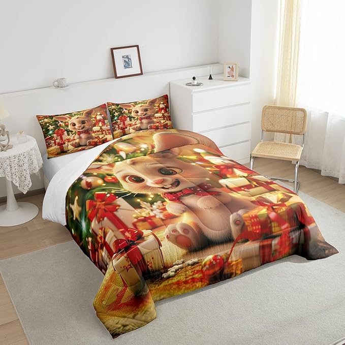 Cartoon Rabbit Bedding Set Full Size,Merry Christmas Comforter Set for Kids Boys Girls Room Decor,Christmas Tree Star Snowflake Duvet Insert 3Pcs,Cute Animal Xmas Fashion Quilt Set,2 Pillowcases