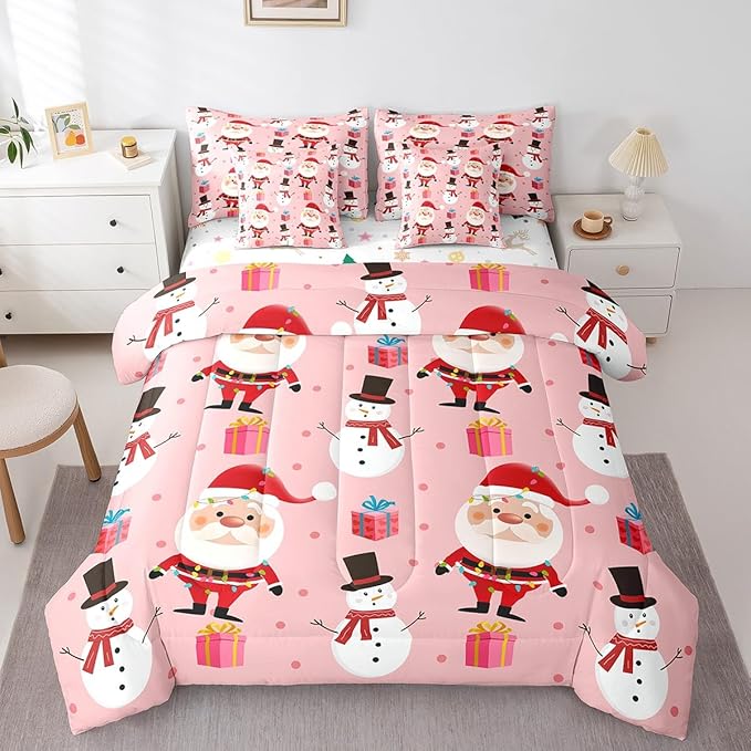 Feelyou Christmas Bed in a Bag Merry Christmas Snowman Comforter Set with Sheets for Kids Boys Girls Decor Santa Claus Bed Set Kawaii Pink Bedding Set Bedroom Collection Queen Size