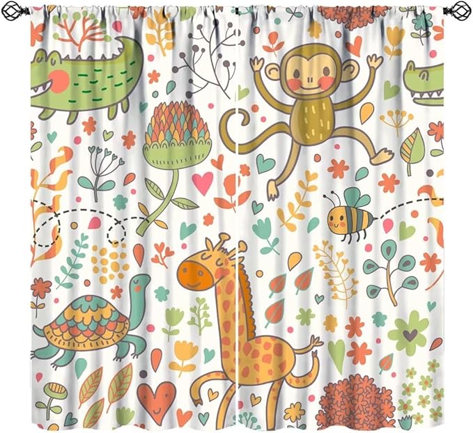 Cute Monkeys Curtains, Zoo Theme Cartoon Funny Animals Crocodile Giraffe Turtle with Flowers Print Thermal Insulation Window Drapes for Kids Boys Girls Baby Bedroom Living Room 63x72in